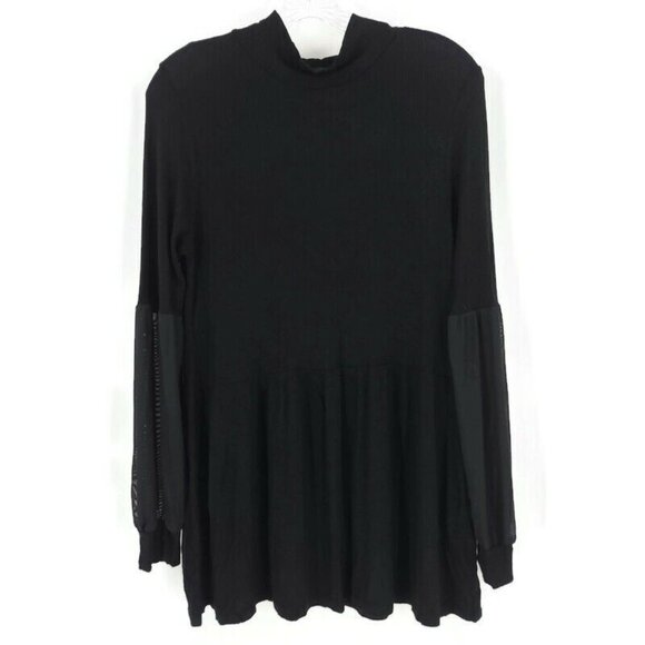 GYFT Sz L Tunic Top Sheer Sleeve Ribbed Knit Mock Neck Black Mini Dress Casual - Picture 2 of 11